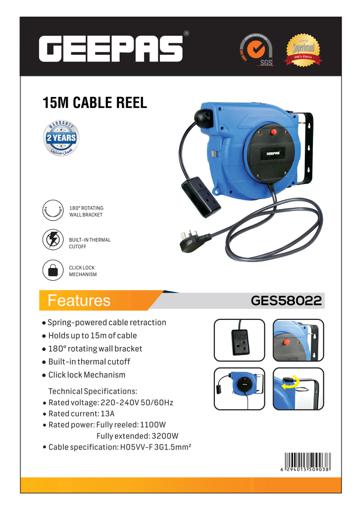 Geepas 15M Cable Reel/Rotating Bracket 1X4
