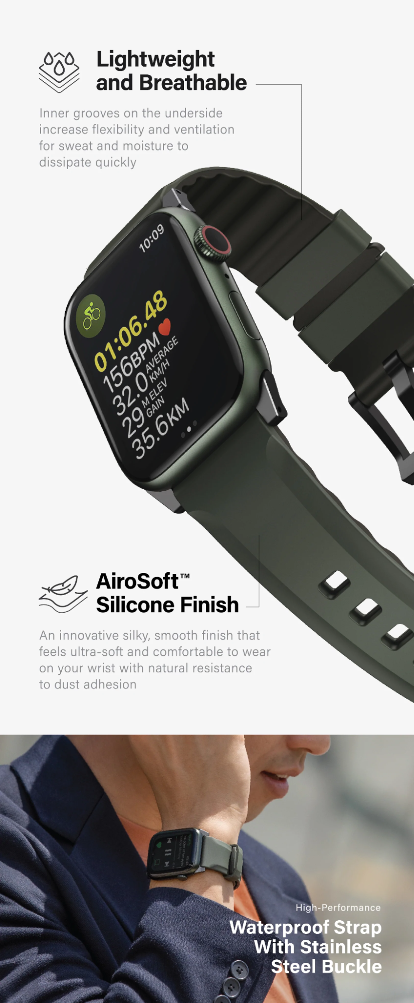 Uniq Linus Airosoft Silicone Apple Watch Strap 45/44/42Mm - Moss Green (Green)