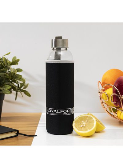 Royalford 420Ml Brs Glass Water Bottle -Black 1X50