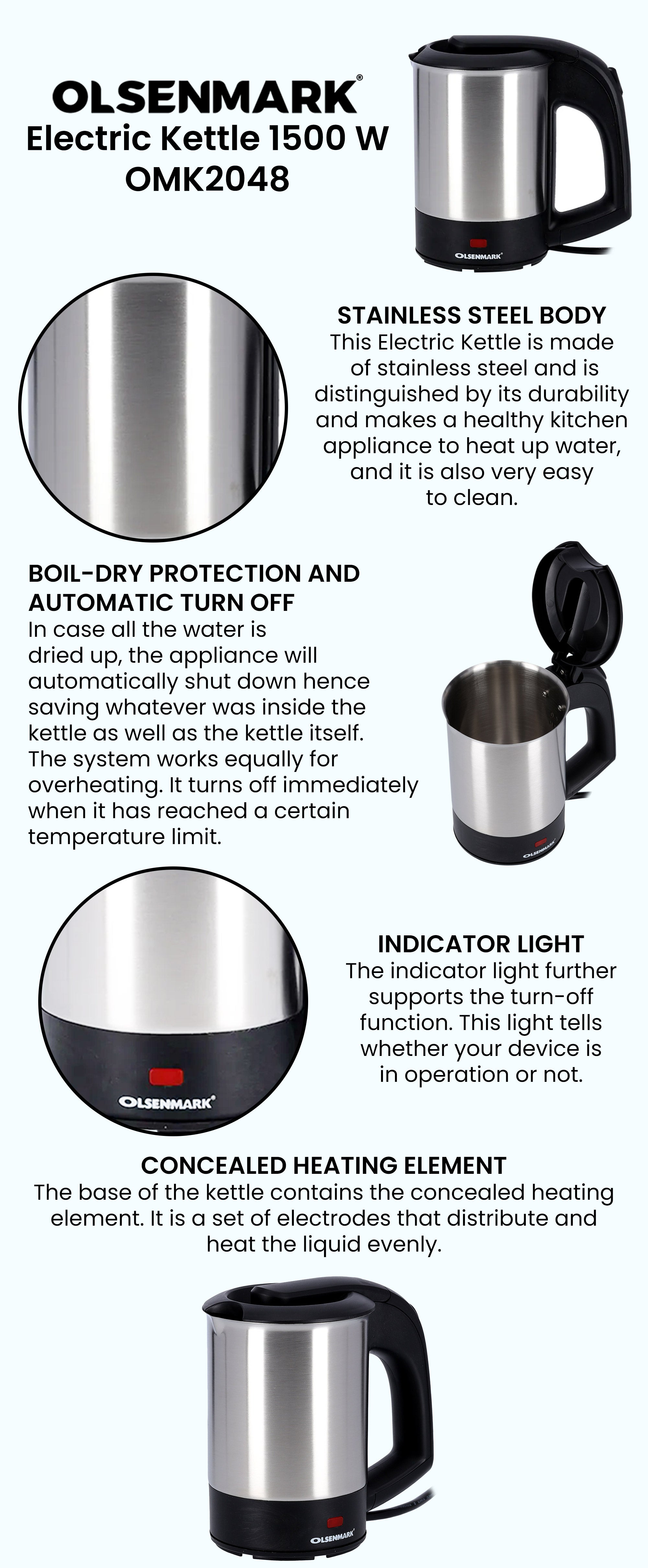 Olsenmark Electric Kettle 0.5 L S/S 1X24