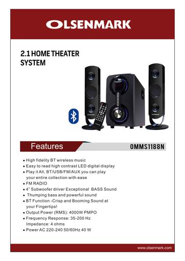 Olsenmark 2.1 Mltimdiaspkr/Led Disply/Bt/Usb/Fm1X6