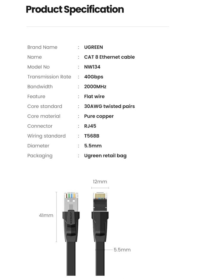 Ugreen Cat8 Classes/Ftp Round Ethernet Cable