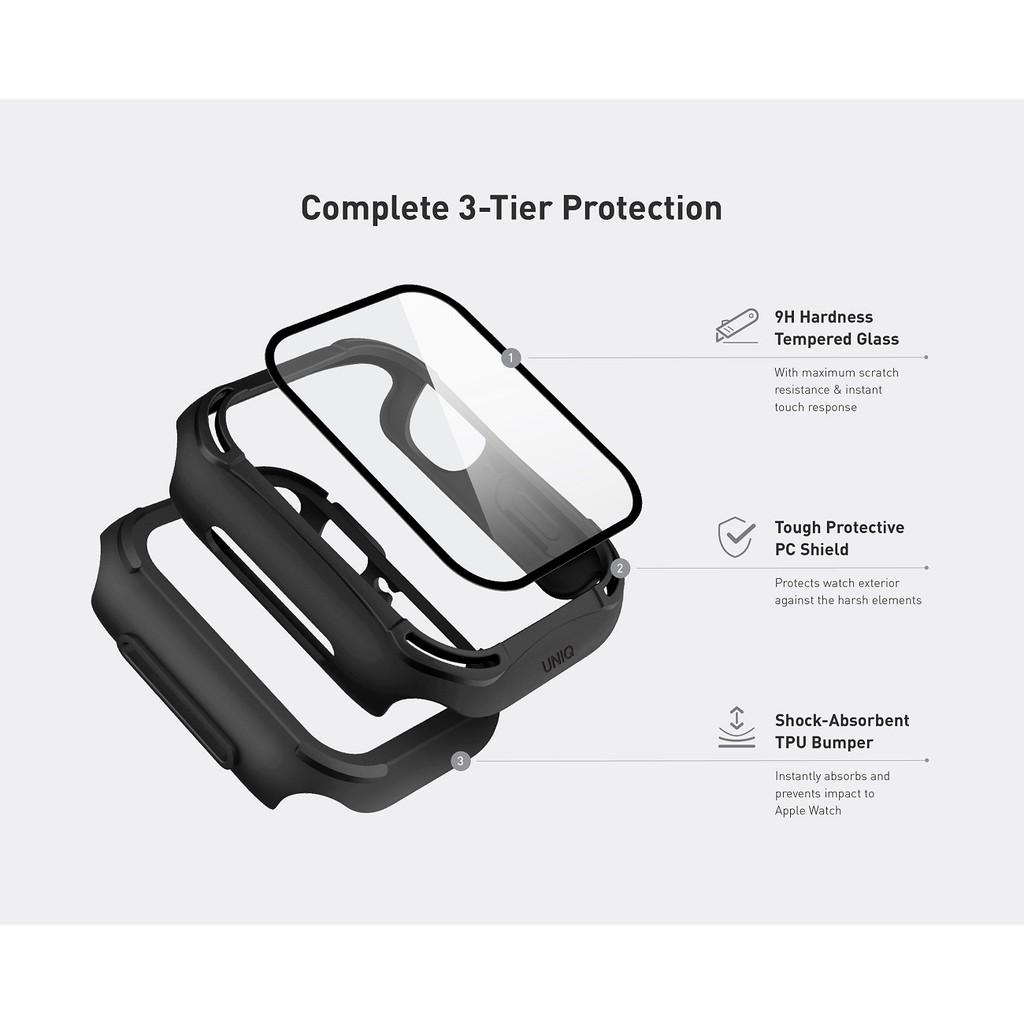 Uniq Torres Antimicrobial Watch Case With 9H Temperedglass Screen Protection 40Mm-Midnight (Black)