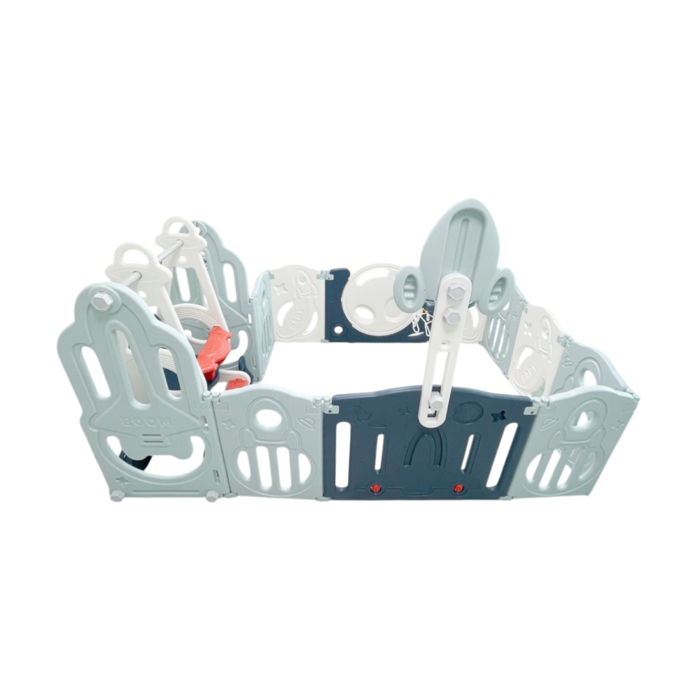 Foldable playpen
8 Simple Panel, 1 Game panel, 1 door, 1 Basketball Hoop, 1 Swing