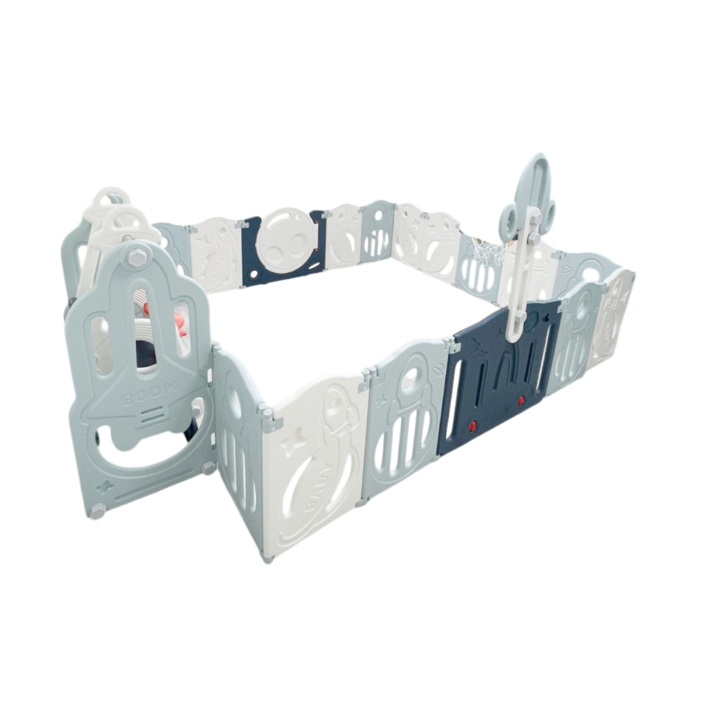 Foldable playpen
16 Simple Panel, 1 Game panel, 1  door, 1 Basketball Hoop, 1 Swing