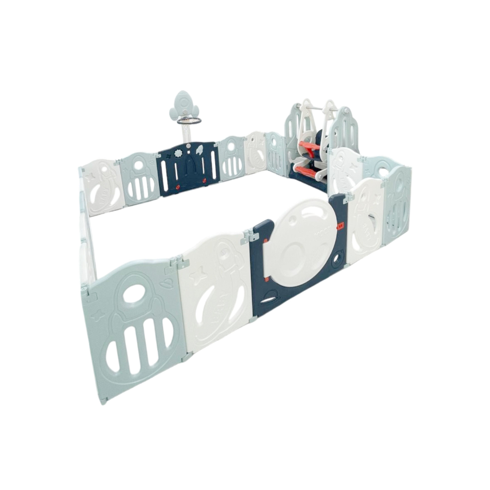 Foldable playpen
16 Simple Panel, 1 Game panel, 1  door, 1 Basketball Hoop, 1 Swing