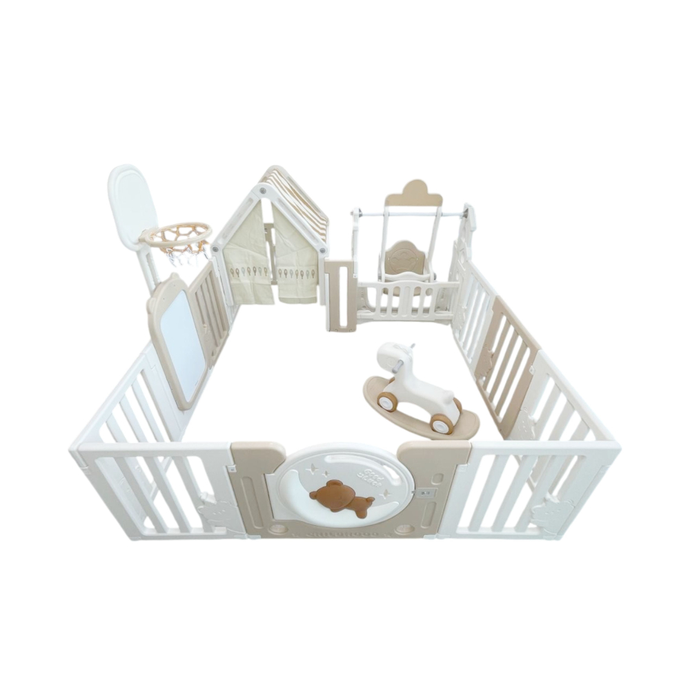 Bear Moon playpen (no mat)+drawing board+Basketball Hoop+small house+Swing+rocking horse+moon light