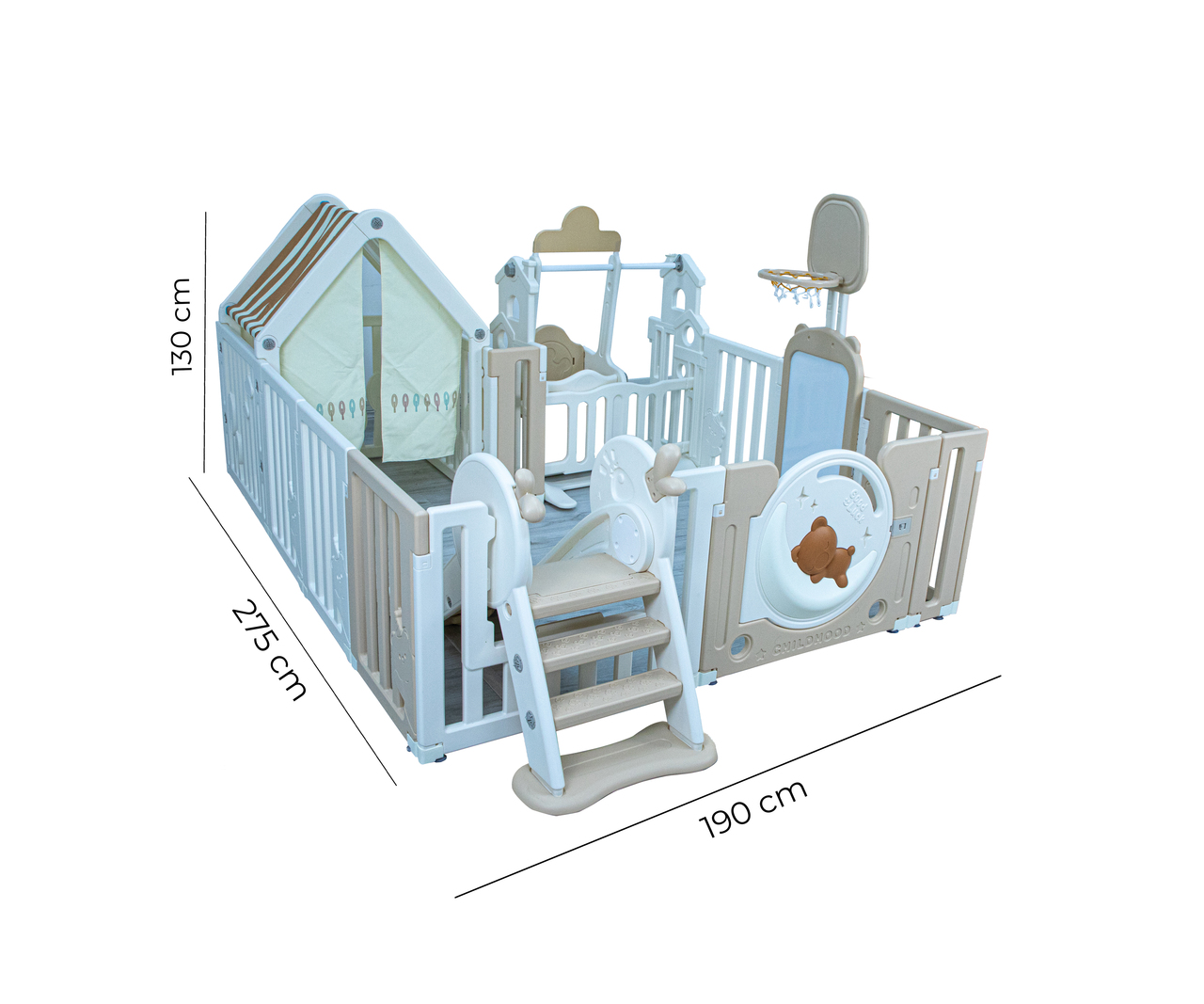LITTLE TODDLER BEAR MOON PLAYPEN (NO MAT), DRAWING BOARD, BASKETBALL HOOP, SMALL HOUSE, SWING - SLIDE, WHITE - BIEGE