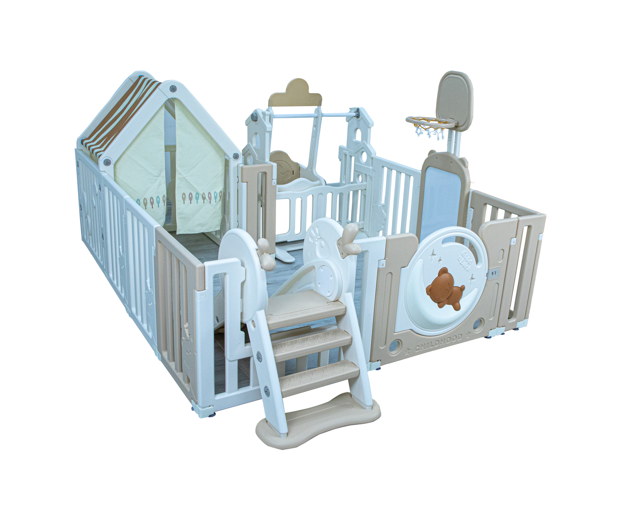 LITTLE TODDLER BEAR MOON PLAYPEN (NO MAT), DRAWING BOARD, BASKETBALL HOOP, SMALL HOUSE, SWING - SLIDE, WHITE - BIEGE