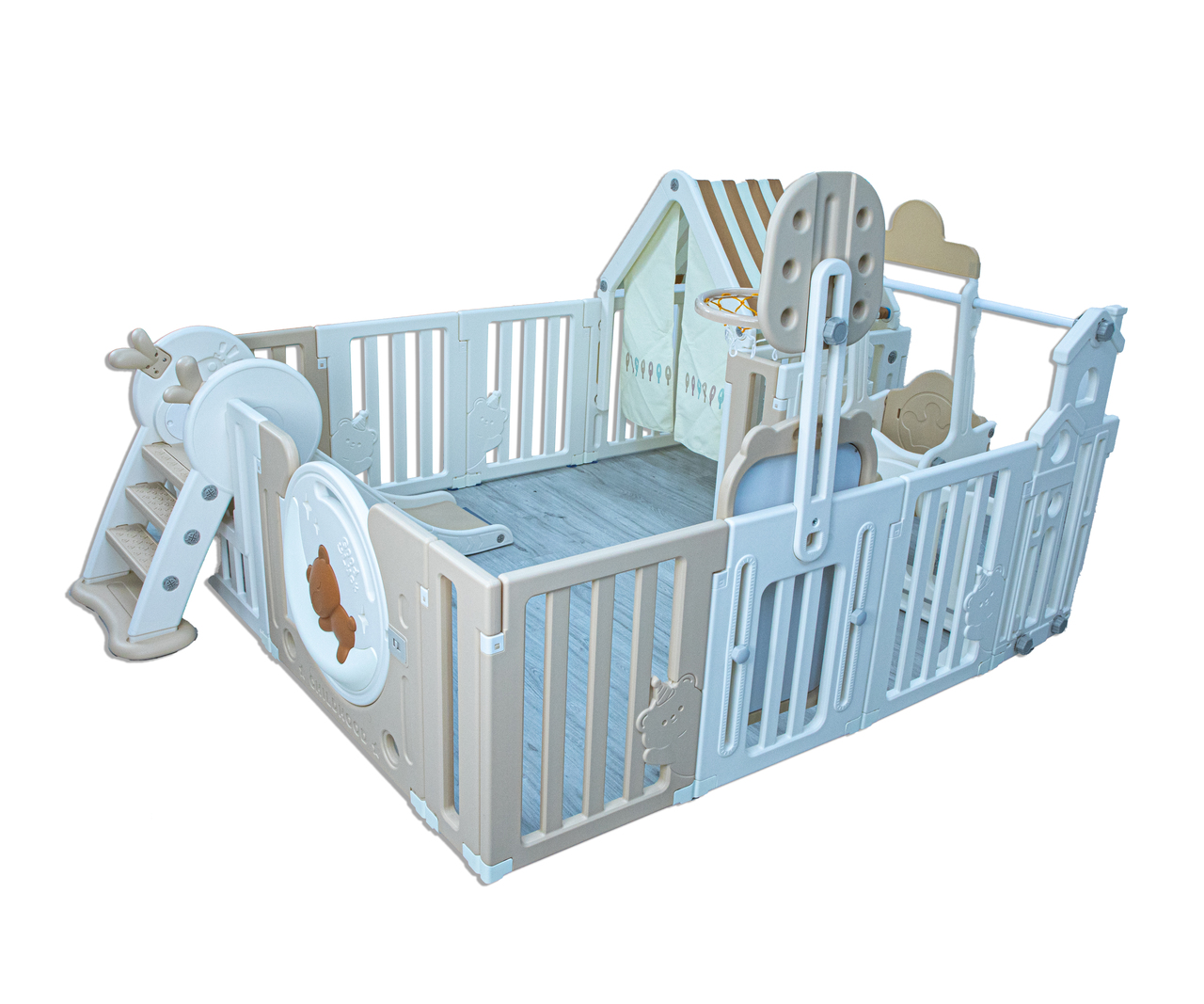 LITTLE TODDLER BEAR MOON PLAYPEN (NO MAT), DRAWING BOARD, BASKETBALL HOOP, SMALL HOUSE, SWING - SLIDE, WHITE - BIEGE