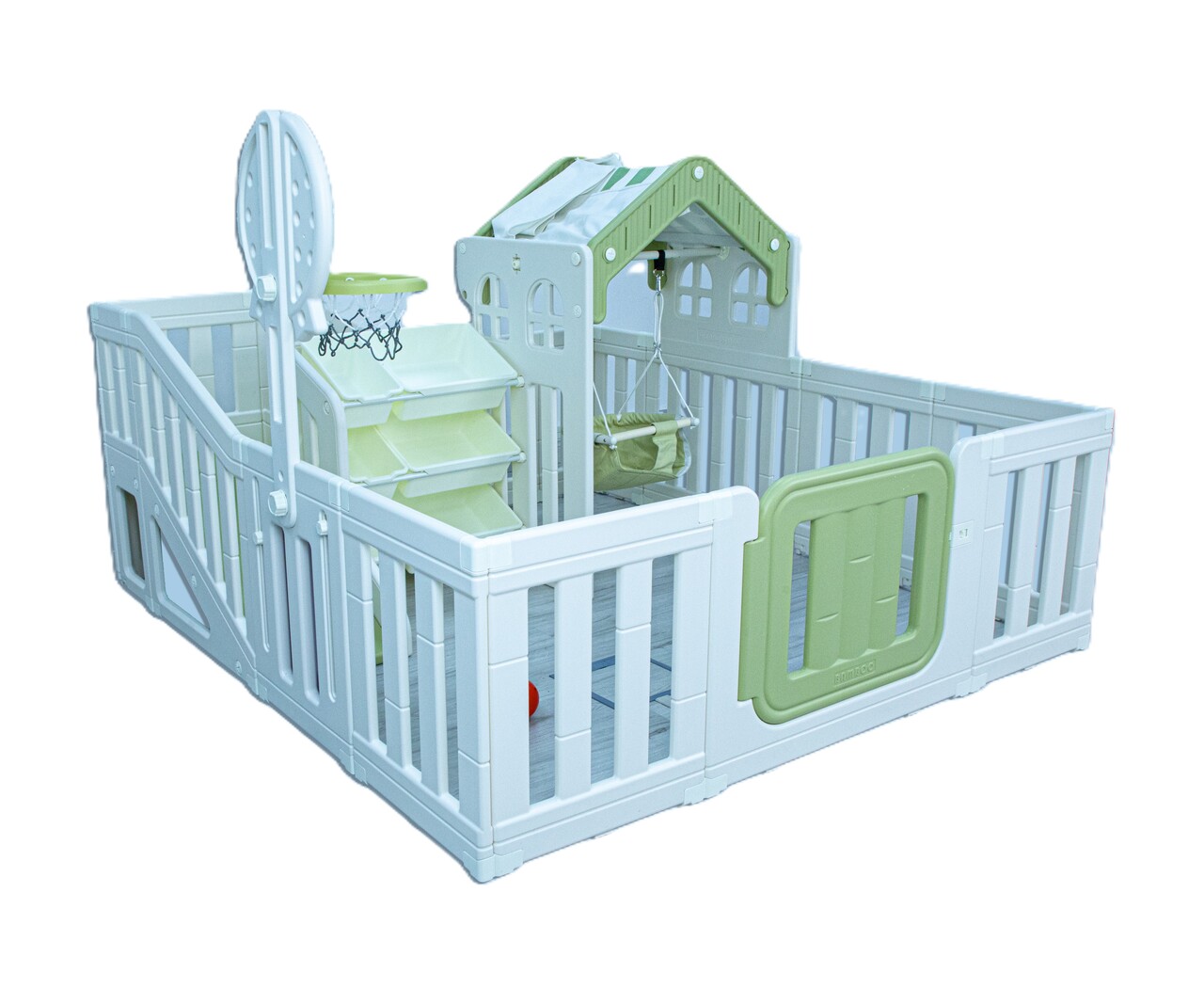 LITTLE TODDLER AMUSEMENT PARK WITH KIDS' PLAYHOUSE, SLIDE, BASKETBALL HOOP - STORAGE BINS -MINT GREEN - OFF WHITE