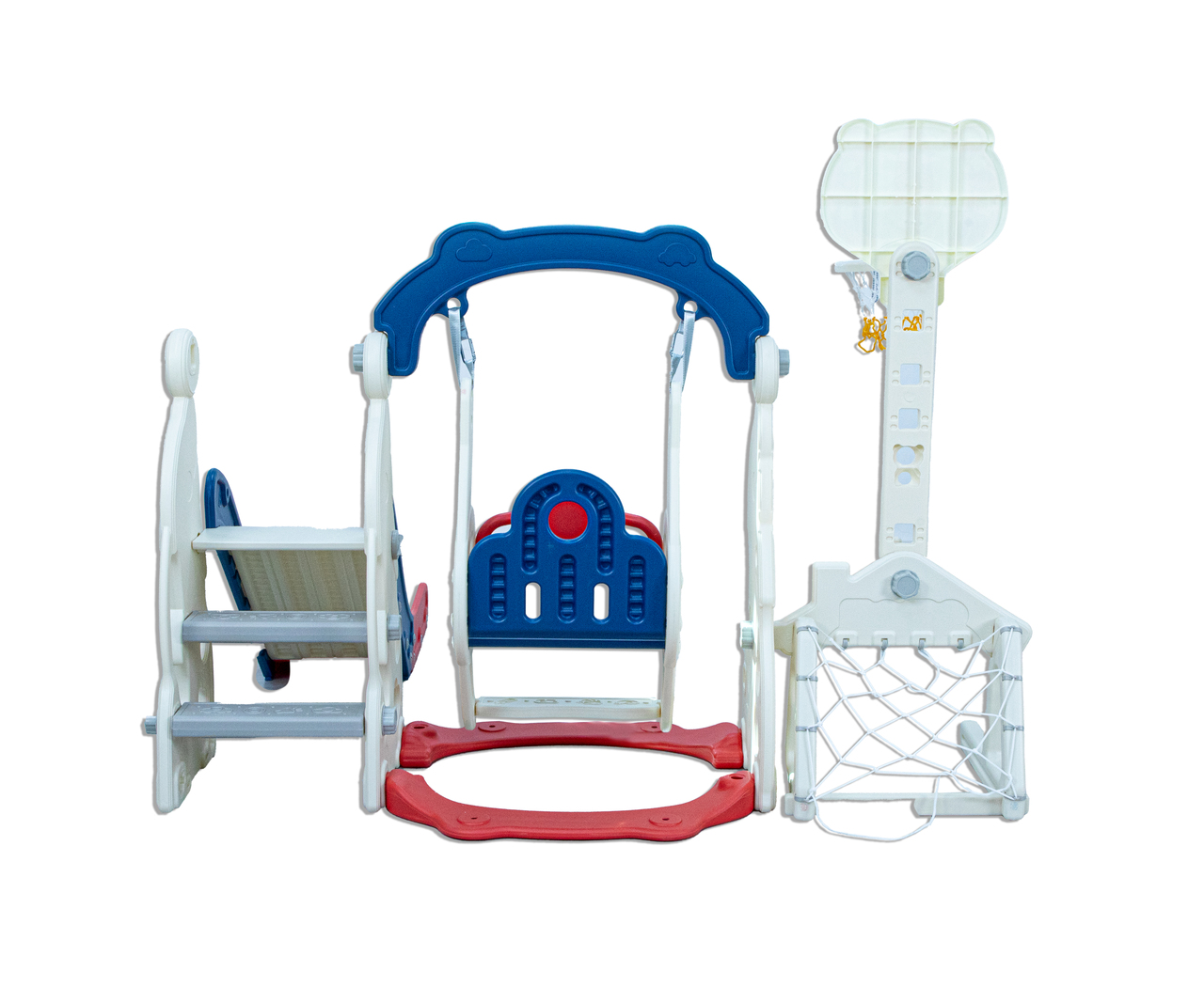 LITTLE TODDLER 4 IN 1 PLAYGROUND WITH SLIDE - HEIGHT ADJUST SWING SET, SOCCER POST - BASKETBALL HOOP, BLUE - RED