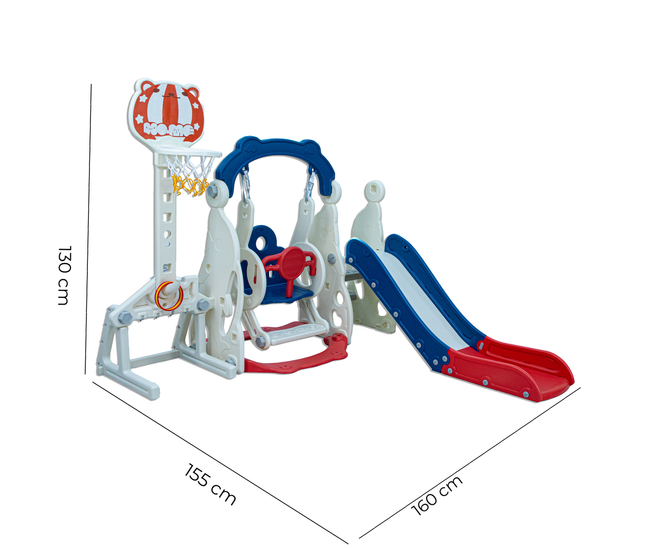 LITTLE TODDLER 4 IN 1 PLAYGROUND WITH SLIDE - HEIGHT ADJUST SWING SET, SOCCER POST - BASKETBALL HOOP, BLUE - RED