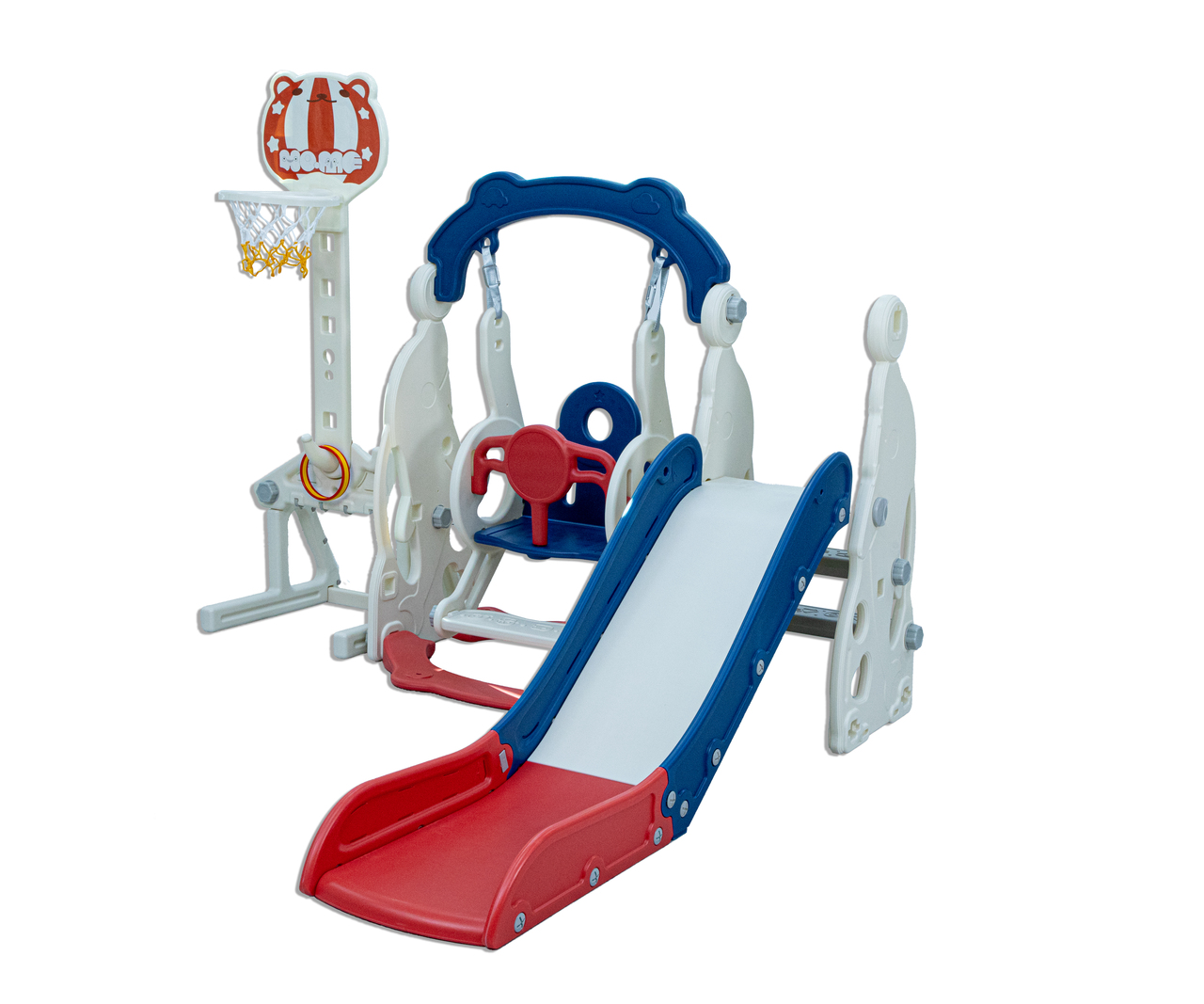 LITTLE TODDLER 4 IN 1 PLAYGROUND WITH SLIDE - HEIGHT ADJUST SWING SET, SOCCER POST - BASKETBALL HOOP, BLUE - RED