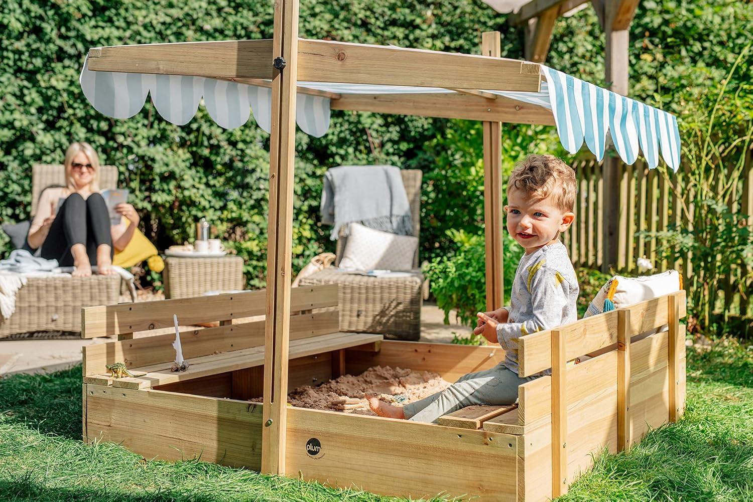 Plum Wooden Sandpit with Canopy - Natural Plum Wooden Sandpit with Canopy - Natural
