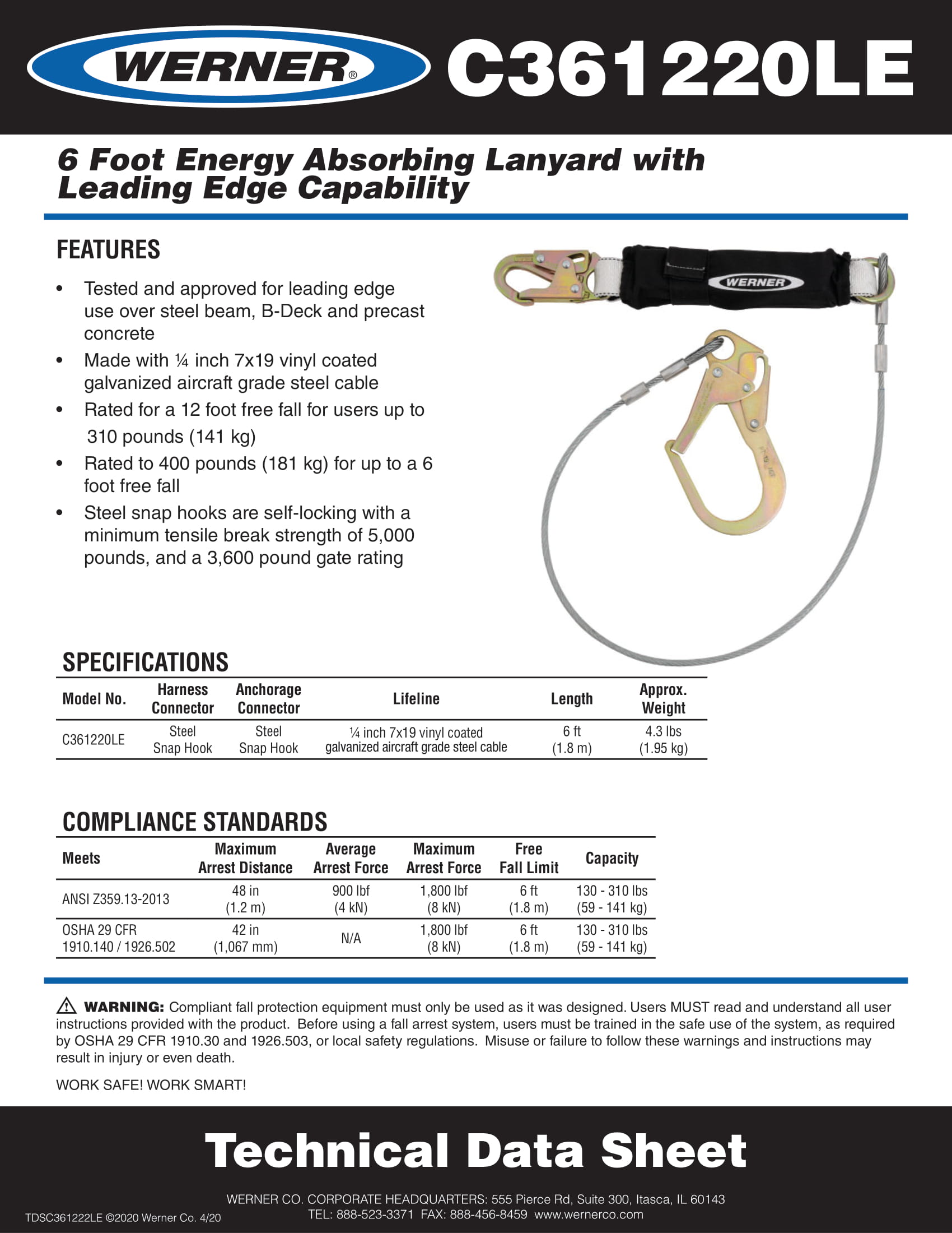 C361220LE DeCoil Leading Edge Lanyard (Cable, Snaphook, Rebar Hook