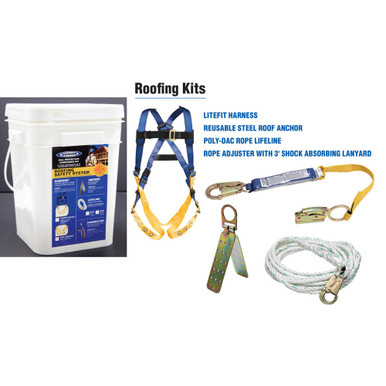 K111201 50ft Basic Roofing Kit with Pass-thru Buckle Harness contains all of the fall protection products necessary for safe working and code K111201 50ft Basic Roofing Kit with Pass-thru Buckle Harness contains all of the fall protection products necessary for safe working and code