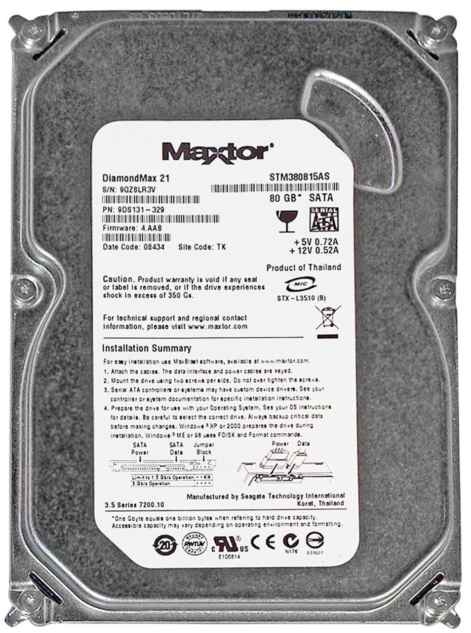 STM380815AS - Seagate 80 GB Internal Hard Drive - SATA - 7200 rpm - 8 MB Buffer