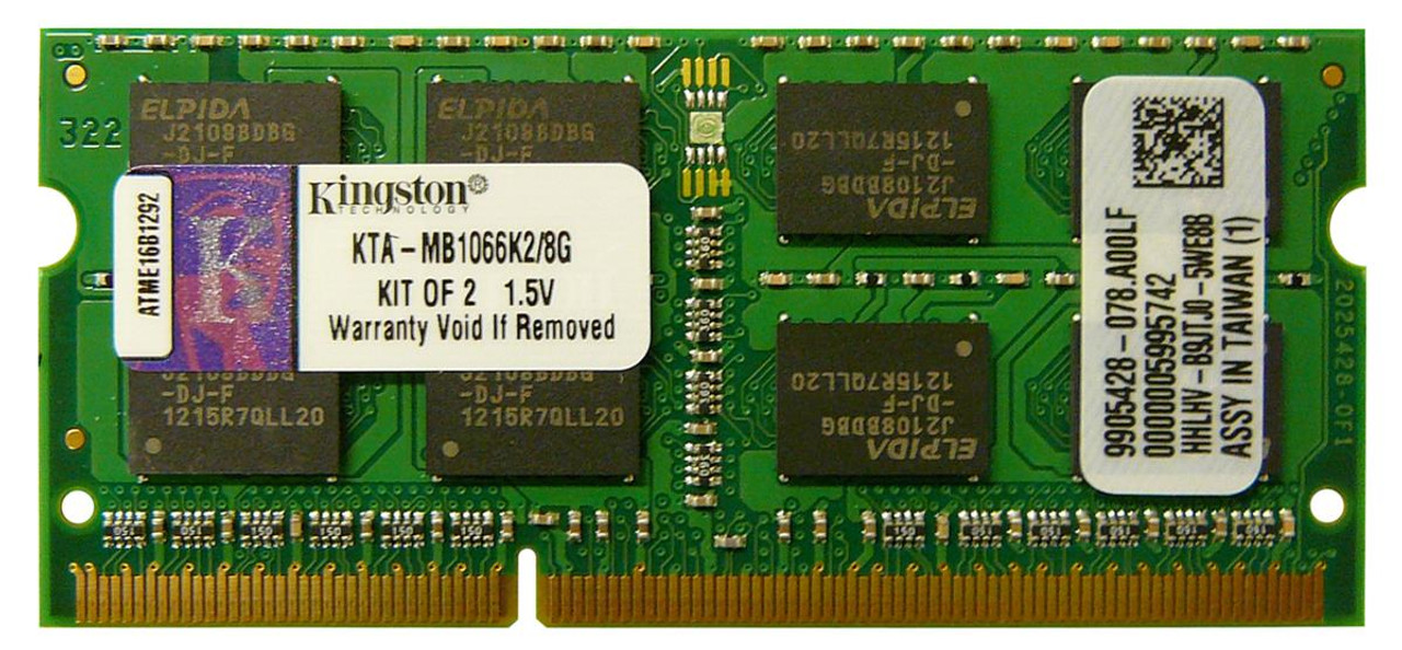 KTA-MB1066K2/8G - Kingston 8GB (2x4GB) 1066Mhz PC3-8500 204-Pin DDR3 Non-ECC Unbuffered SDRAM SoDimm Memory for Apple-Macbook Pro Laptop