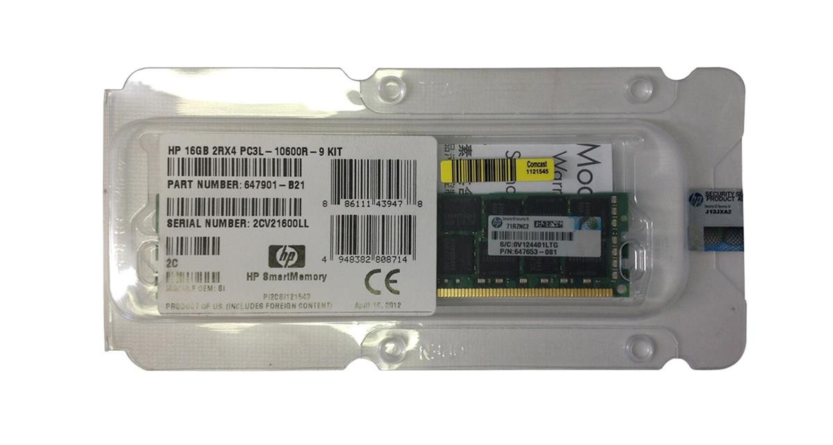 647901-B21 - HP 16GB PC3-10600 DDR3-1333MHz ECC Registered CL9 240-Pin DIMM 1.35V Low Voltage Dual Rank Memory Module