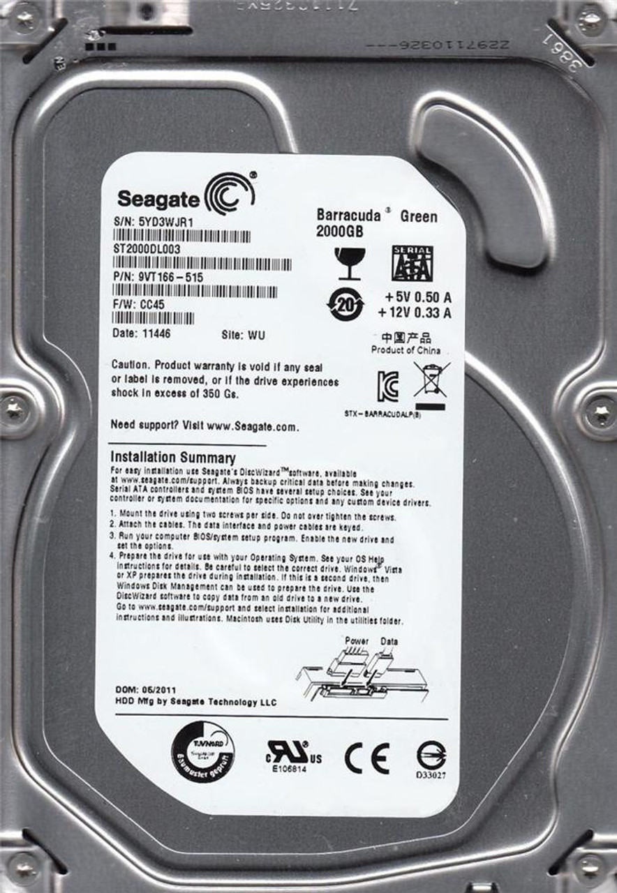 9VT166-515 | Seagate Barracuda Green 2TB 5900RPM SATA 6Gbps 64MB