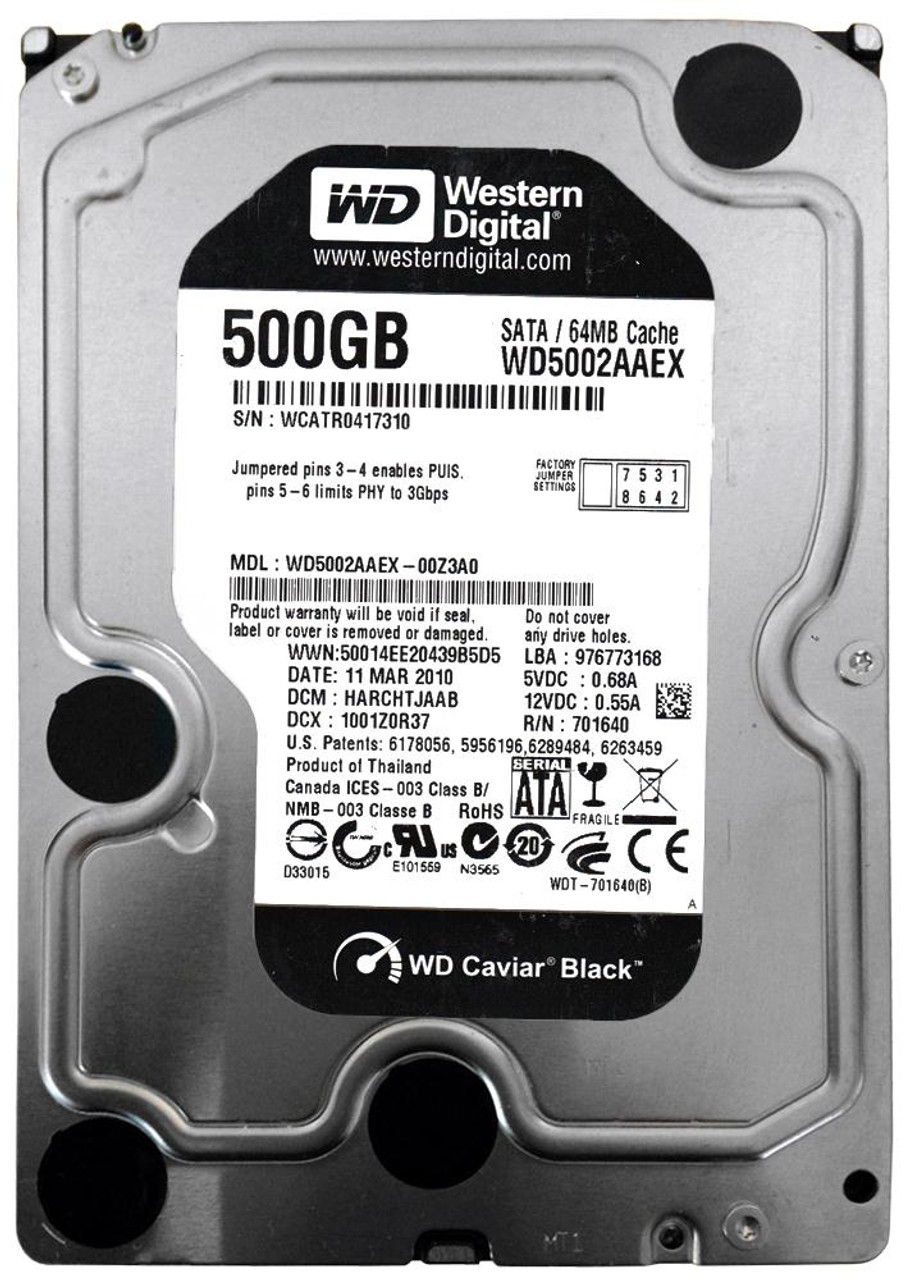 WD5002AAEX - Western Digital Caviar Black 500GB 7200RPM SATA 6Gbps 32MB Cache 3.5-inch Internal Hard Drive (Refurbished)