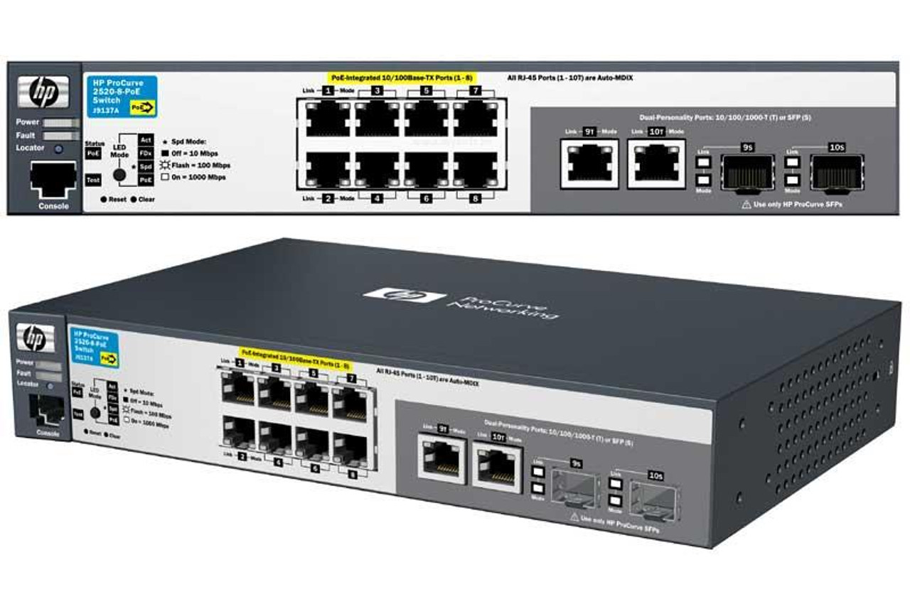 J9137A#ABB - HP ProCurve 2520-8-PoE Ethernet Switch 2 x SFP (mini-GBIC)  Shared 8 x 10/100Base-TX LAN 2 x 10/100/1000Base-T