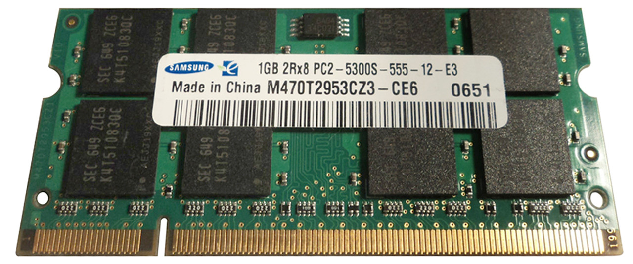 M470T2953CZ3-CE6 - Samsung 1GB PC2-5300 DDR2-667MHz non-ECC Unbuffered CL5 200-Pin SoDimm Dual Rank Memory Module (Refurbished)