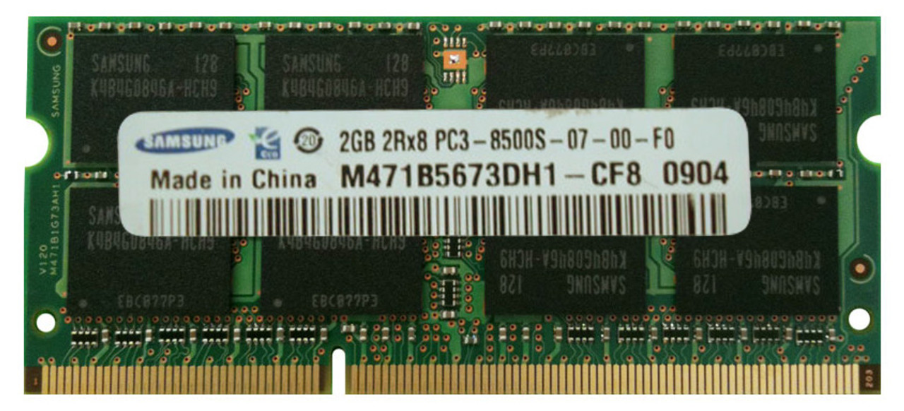 M471B5673DH1-CF8 - Samsung 2GB PC3-8500 DDR3-1066MHz non-ECC Unbuffered CL7 204-Pin SoDimm Dual Rank Memory Module (Refurbished)