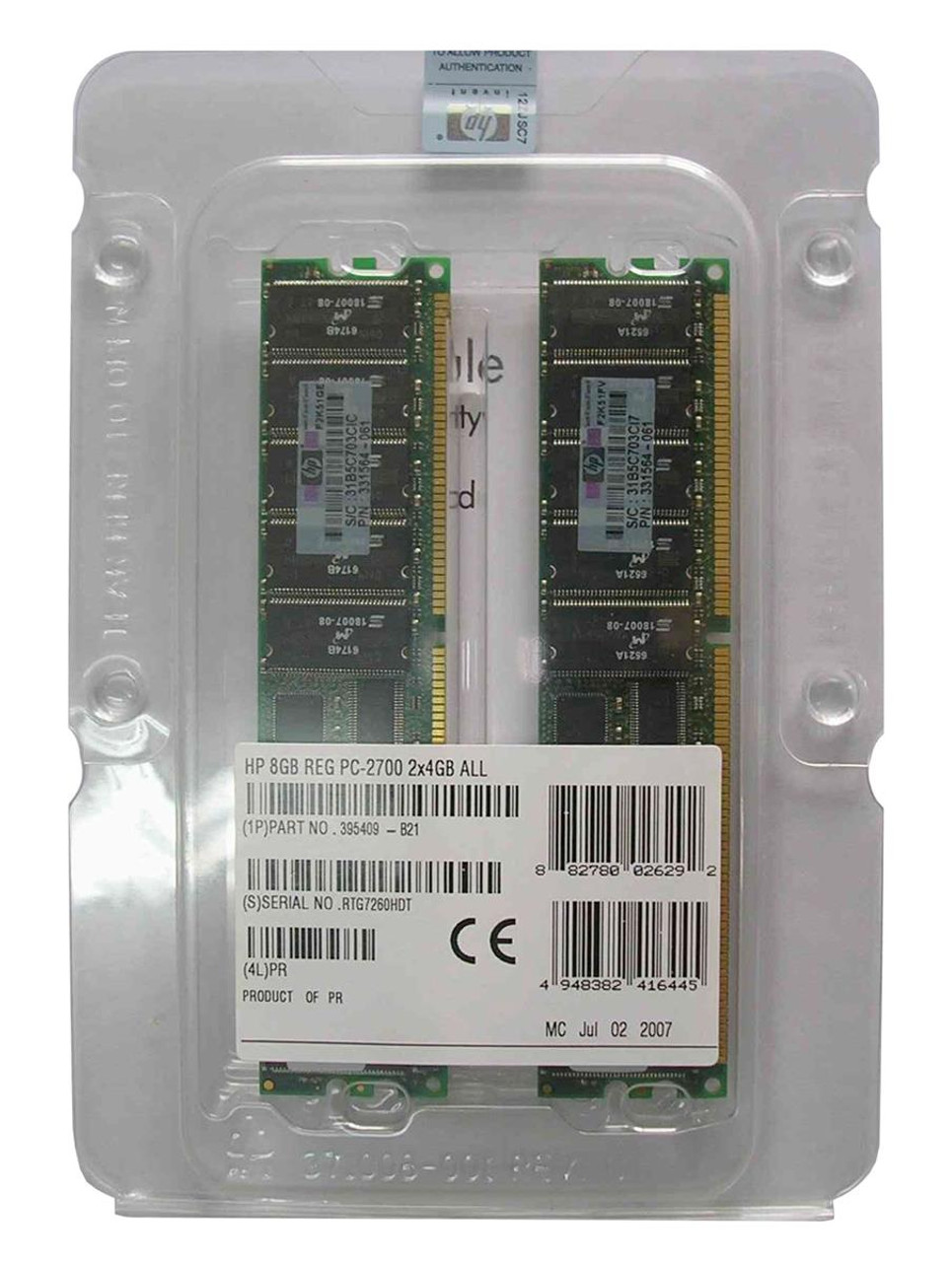 395409-B21 - HP 8GB Kit (2 X 4GB) PC2700 DDR-333MHz ECC Registered CL2.5 184-Pin DIMM Memory for ProLiant BL25p/BL35p/BL45p//DL385/DL585 Servers