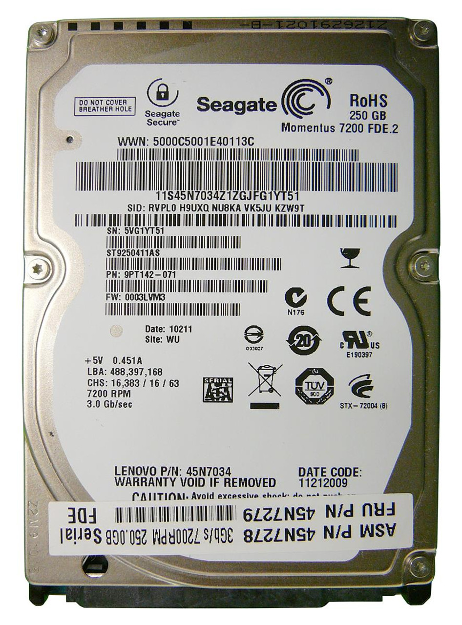 ST9250411AS - Seagate Momentus FDE 250GB 7200RPM SATA 3GB/s 16MB Cache 2.5-inch Internal Hard Disk Drive