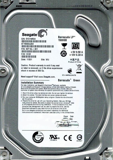 9VT16L-301 - Seagate Barracuda Green 1.5TB 5900RPM SATA 6GB/s 64MB Cache 3.5-inch Internal Hard Disk Drive