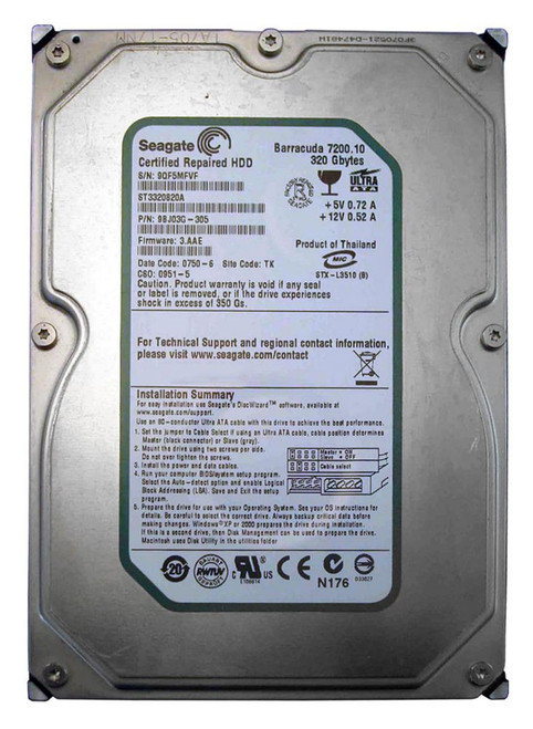 ST3320820A - Seagate Barracuda 7200.10 320GB 7200RPM ATA-100 8MB Cache 3.5-inch Internal Hard Drive