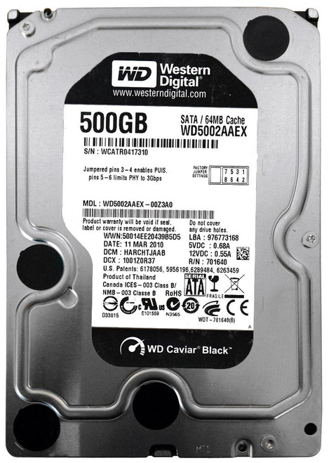 WD5002AAEX - Western Digital Caviar Black 500GB 7200RPM SATA 6Gbps 32MB Cache 3.5-inch Internal Hard Drive (Refurbished)