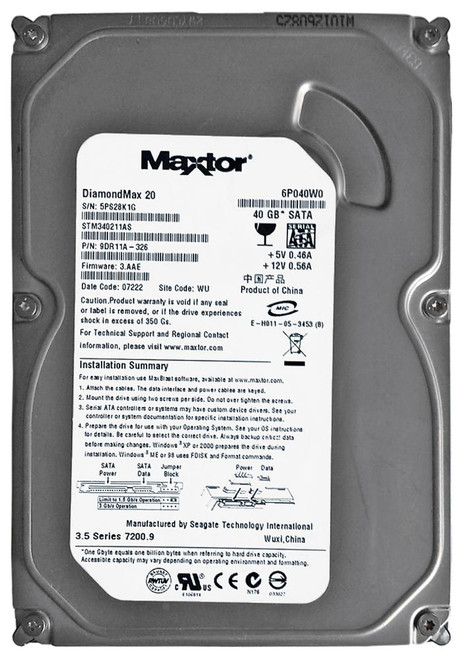 STM340211AS - Seagate DiamondMax 20 40 GB 3.5 Internal Hard Drive - SATA/300 - 7200 rpm - 2 MB Buffer