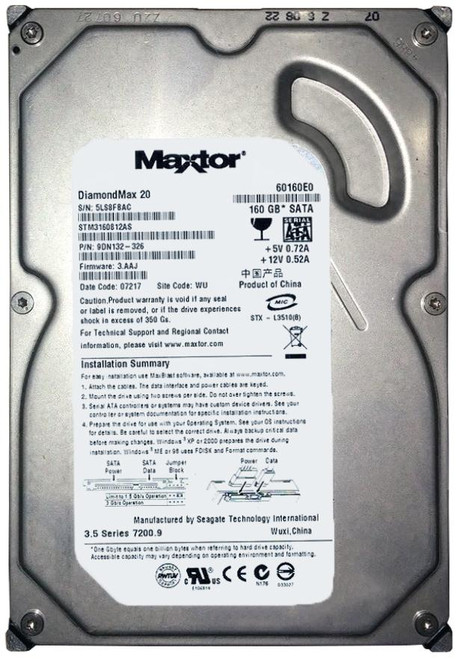 STM3160812AS - Seagate DiamondMax 20 STM3160812AS 160 GB 3.5 Internal Hard Drive - SATA/300 - 7200 rpm - 8 MB Buffer - Hot Swappable