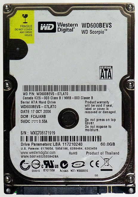 WD600BEVS - Western Digital Scorpio 60GB 5400RPM SATA 1.5Gbps 8MB Cache 2.5-inch Internal Hard Drive