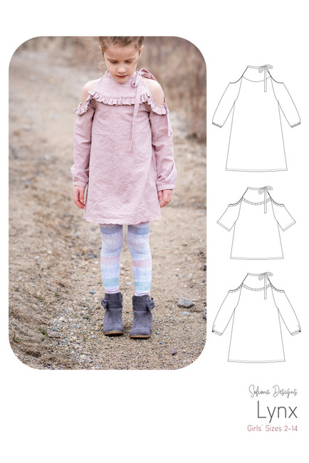 Lynx cold shoulder dress and top by Sofiona Designs with line drawings.