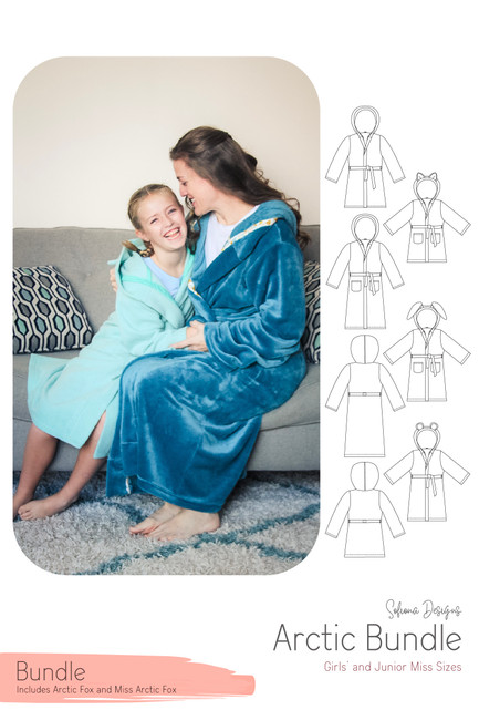 Arctic Fox housecoat in 2 size ranges with line drawings.