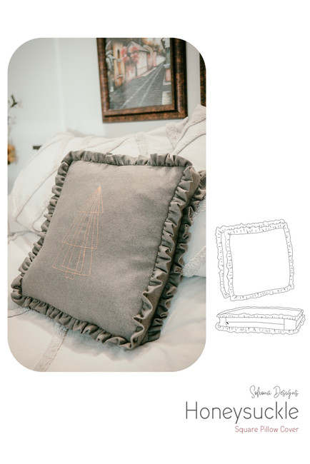 The Honeysuckle double ruffled pillow with machine stitched decal.