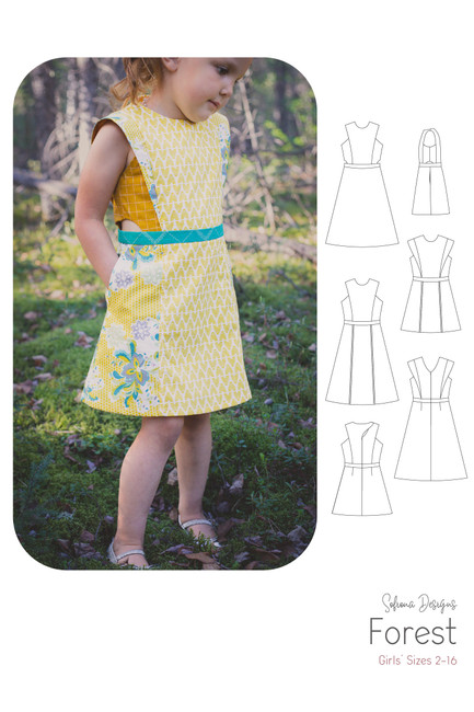 The  Forest dress in sizes 2-16 by Sofiona Designs with line drawings.