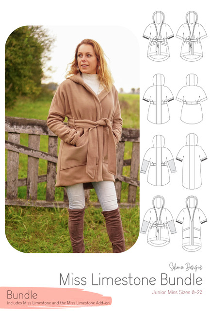 The Miss Limestone coat/cardigan sold with the sleeve add-on by Sofiona Designs. Includes line drawings of all options included.