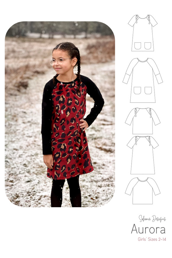 Aurora Raglan top , dress, or tunic by Sofiona Designs with line drawings. 