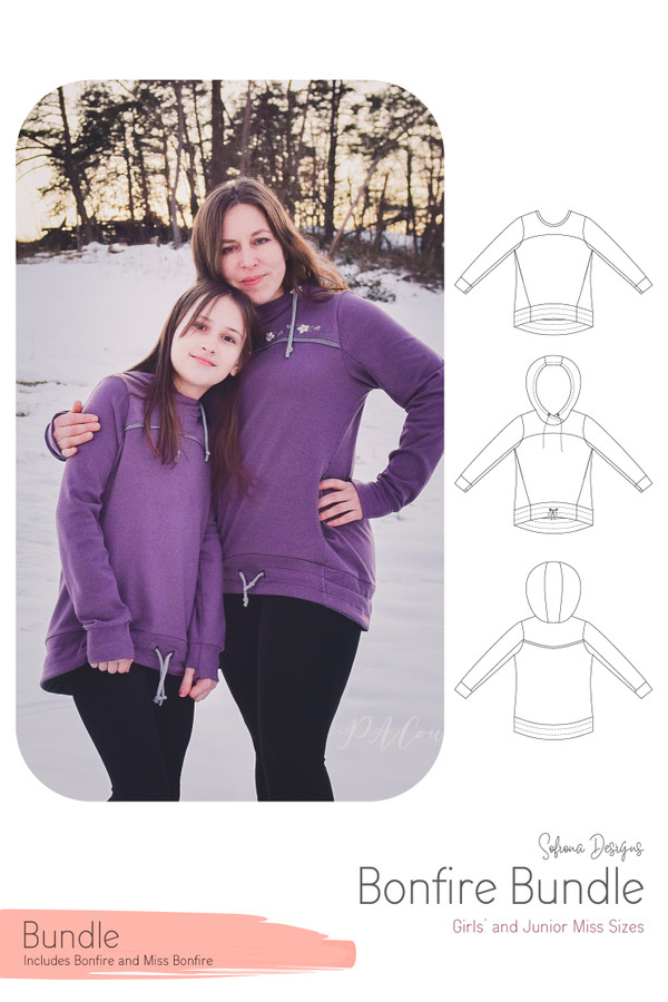Bonfire Hoodie by Sofiona Designs in 2 size ranges with line drawings for different options.