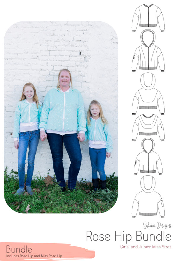 The Rose Hip jacket in 2 size ranges with line drawings.