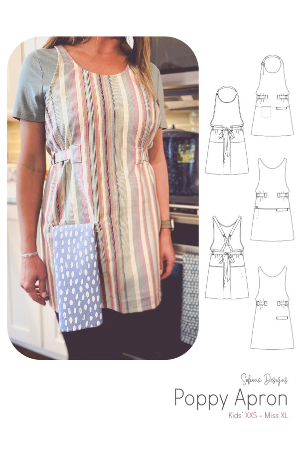 The Poppy apron by Sofiona Designs with line drawings.