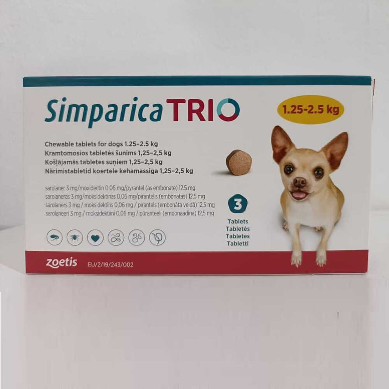 Simparica Trio Chewable Tablets for Dogs weighing 1.25-2.5kg (2.8-5.5) lbs 3 Pack | Unitedpetworld.Com