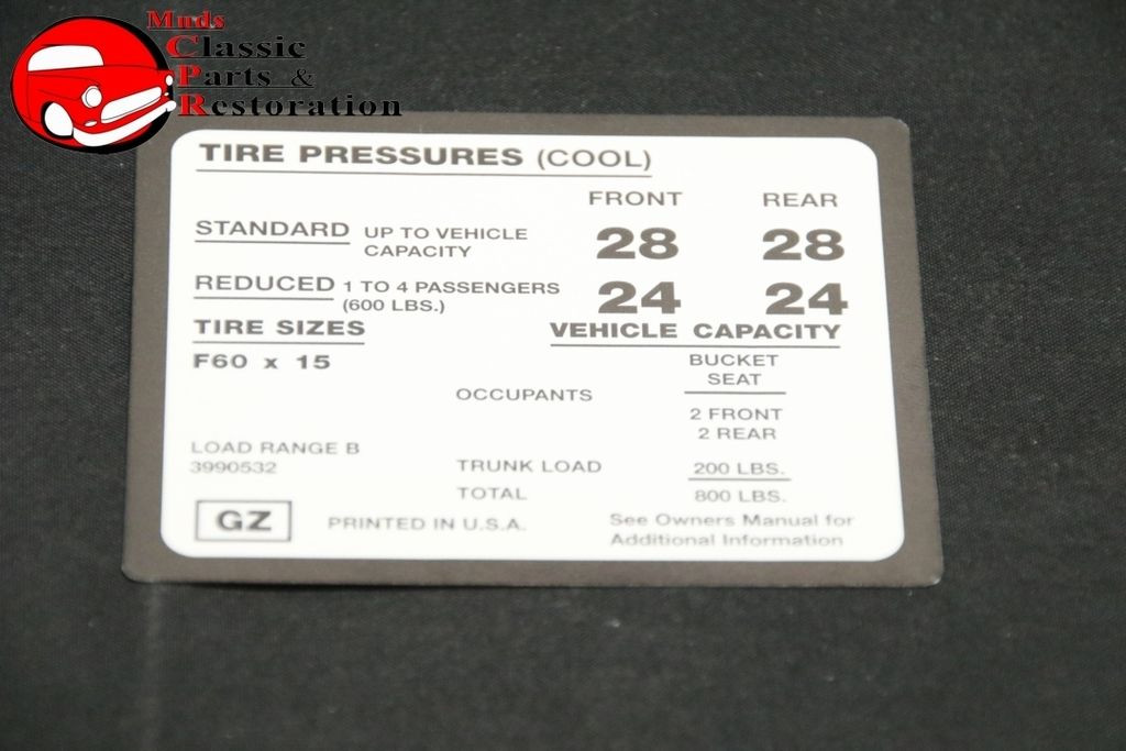 71 73 Chevy Camaro Z28 Tire Pressure Decal F60x15 Tires Gm Part Gz 3990532 Muds Classic Parts