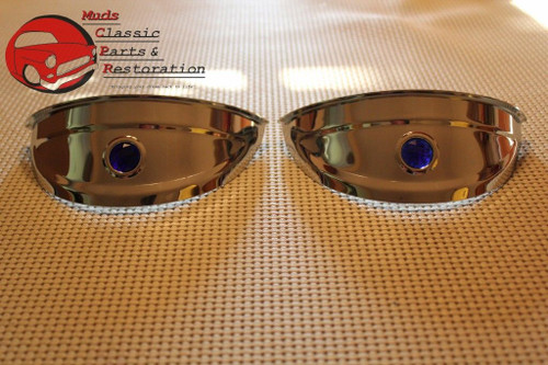 Custom Hot Rat Street Rod 7" Chrome Headlamp Headlight Blue Dot Visors Pair New