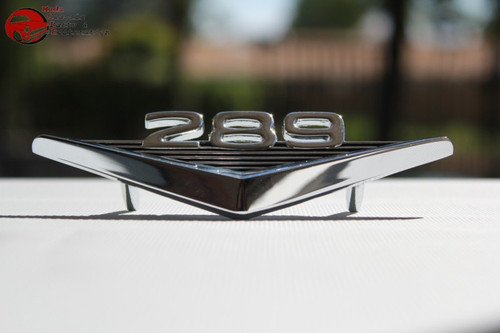 64-66 Mustang 289 V Script Fender Emblem Ornament Stud Mount w Clips Chrome